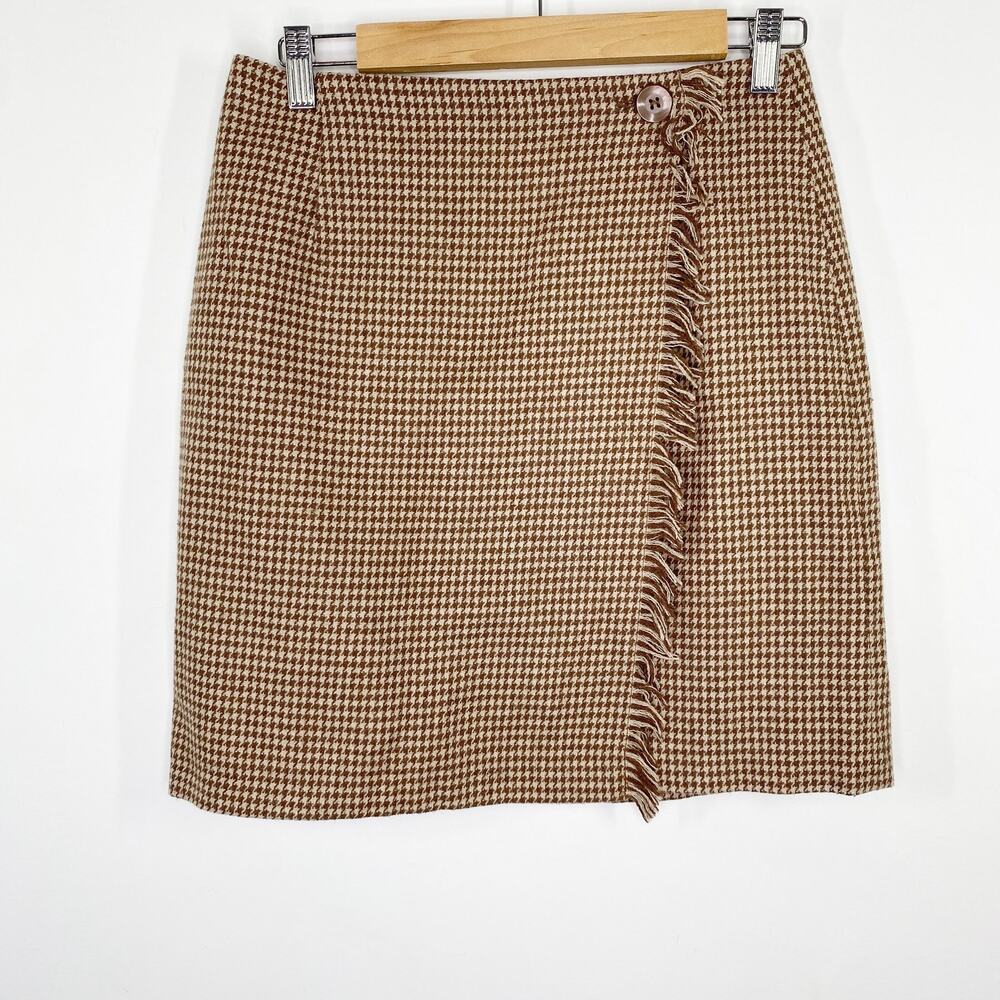 The Limited Brown Houndstooth Fringe Trim Wrap Mini Skirt Womens Size Medium M